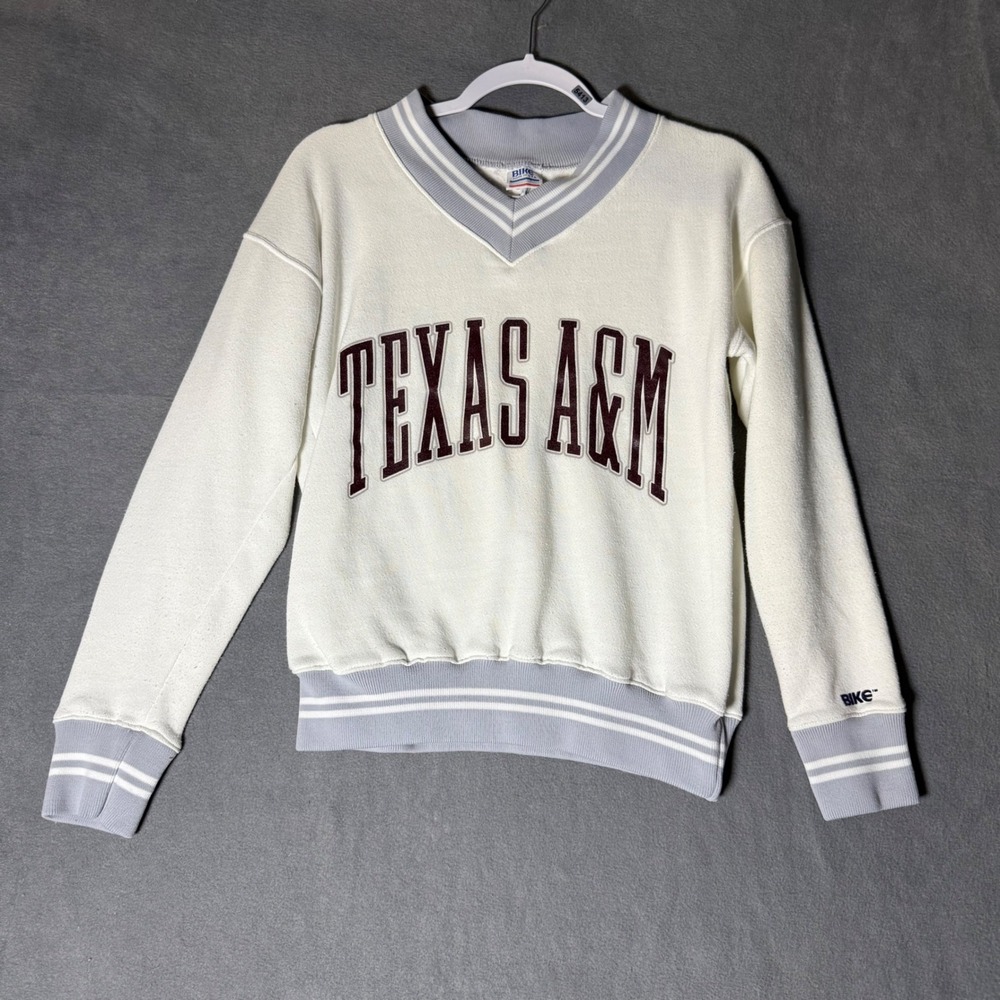 Vintage Texas A&M BIKE Sweatshirt Womens Small White V-Neck Made in USA 90s NCAA